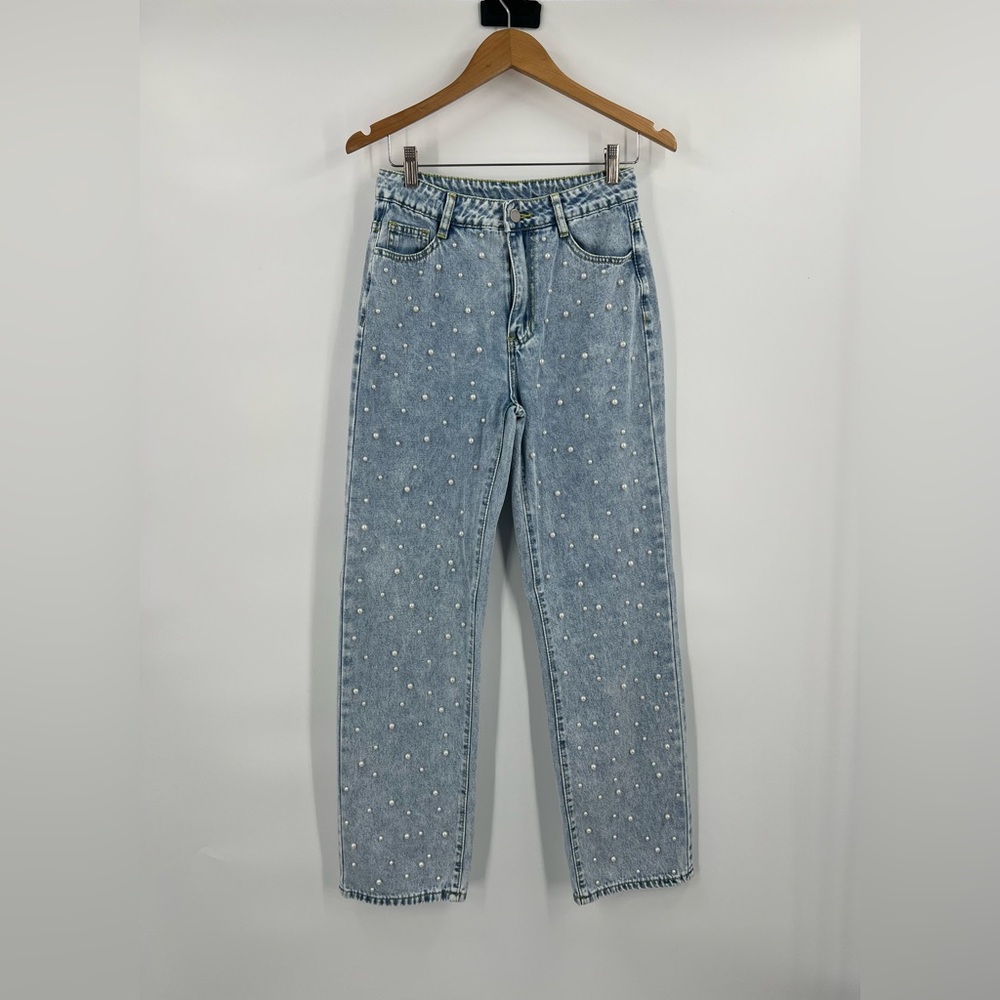 Pearl embellished straight leg statement jeans S coquette feminine spring - Picture 2 of 11